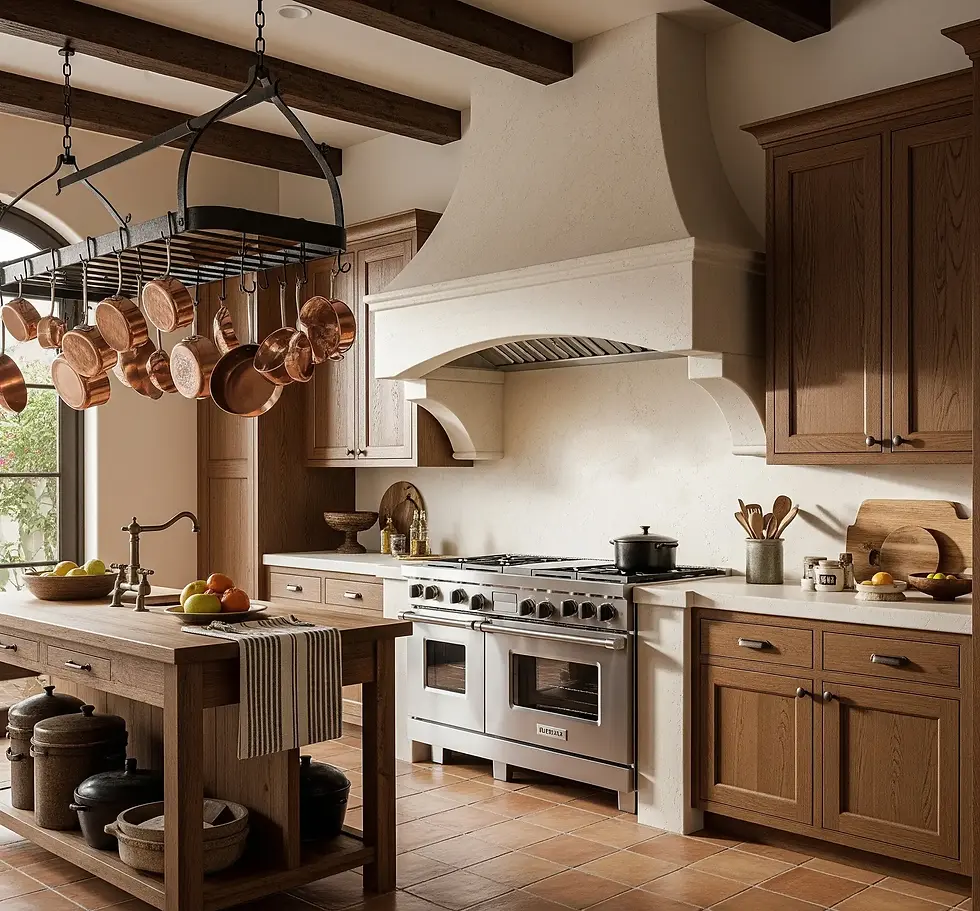 Spanish Colonial style kitchen in West Palm Beach with lime-washed plaster, arched hood, and terra cotta tile.