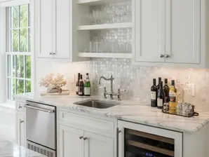 Multi-functional kitchen wet bar with palm wood cabinets for Palm Beach homes