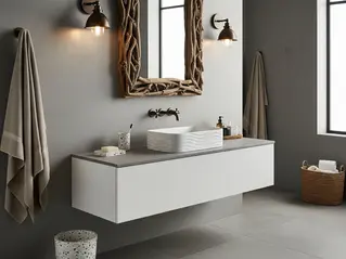 Coastal industrial bathroom with concrete-look gray floor tiles