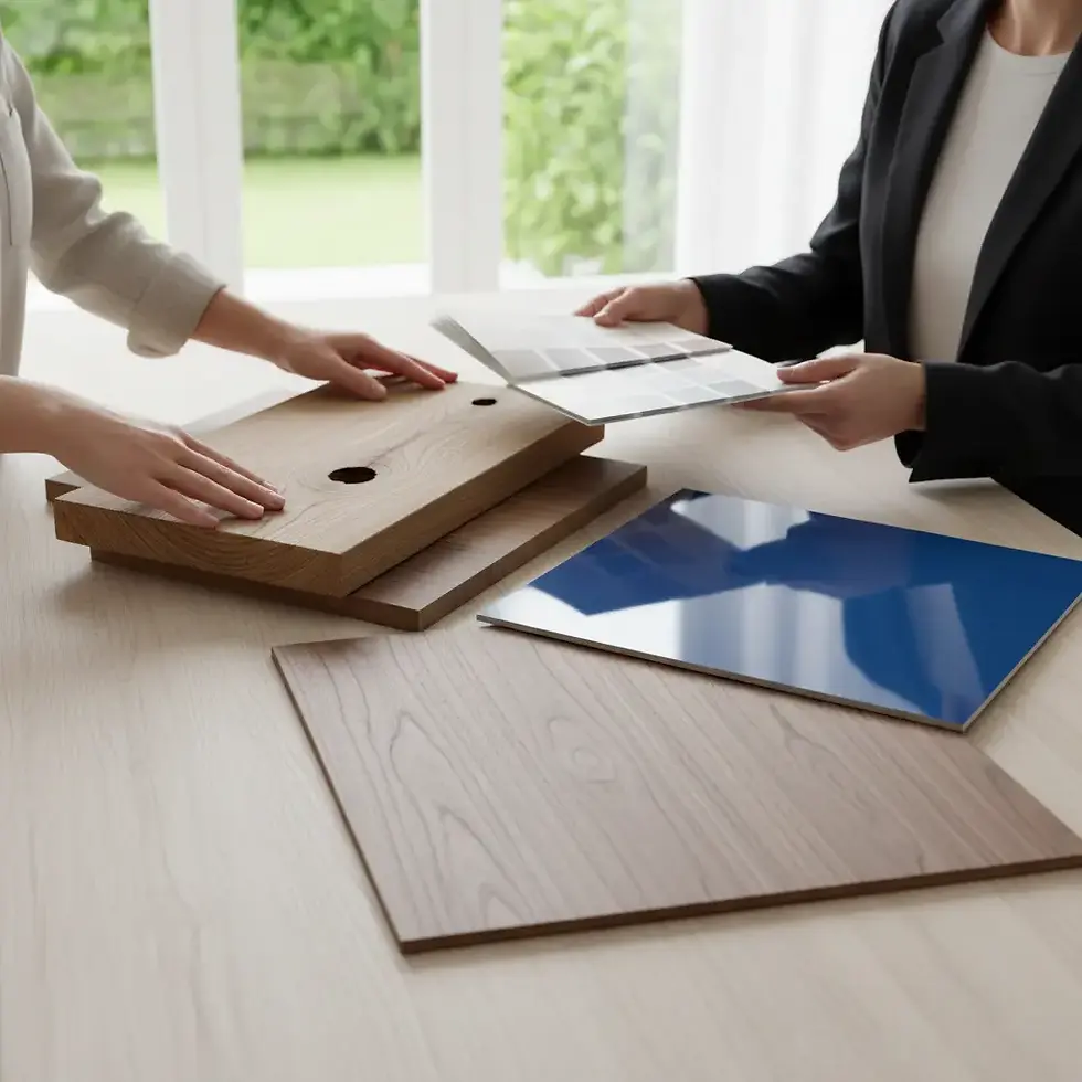 Selecting the perfect finish for custom cabinets, reviewing wood and laminate samples in a sunlit Palm Beach home