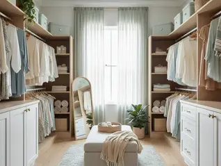 Spacious custom walk-in closet with a light coastal color scheme and natural textures, perfect for a Palm Beach home.