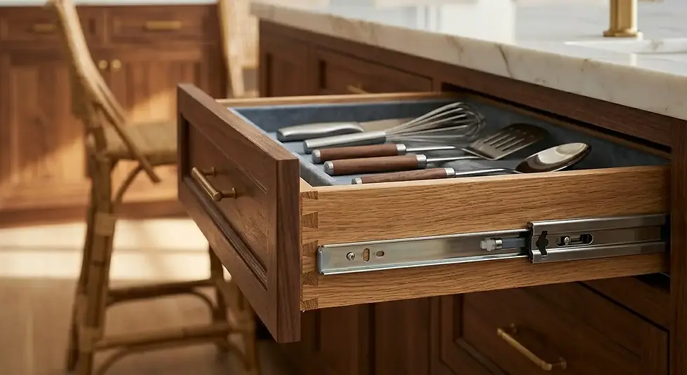 Close-up detail of a premium kitchen drawer showcasing dovetail joinery, soft-close mechanism, and full-extension slides