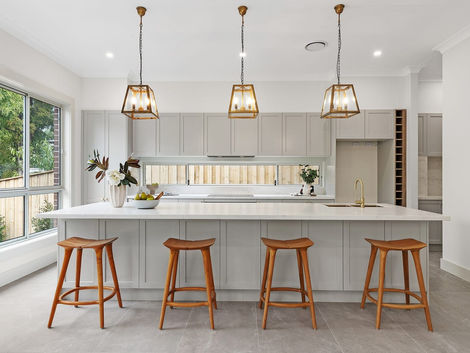 Malton Road II House two storey modern new home beige floors white kitchen oak stools