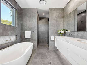 Modern luxury home design Nepean River Penrith NSW Grey Tile Bathroom