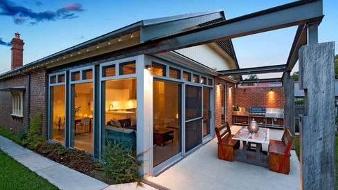 Glazed rear extension and landscaped garden at Creewood House