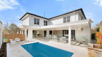 Rear extension, alfresco and swimming pool at River Road Villa House in Leonay