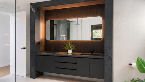 Banyan House contemporary bathroom vanity with illuminated mirror