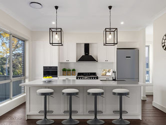 Modern Custom New Home Design White Kitchen black lighting dark timber floors