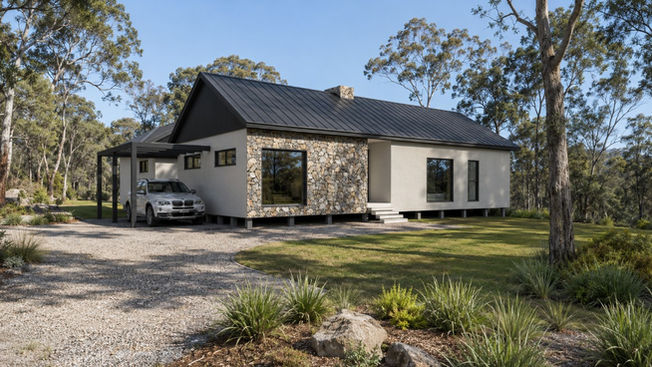 Angled 3D visualisation of Katoomba custom home showing stone cladding, raised floor and metal roof.