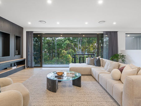 contemporary lounge room with beautiful bushland views