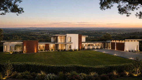 3D visualisation of the front elevation of Razorback House, a contemporary acreage home in Razorback NSW.