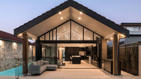 Heritage Extension Renovation in Concord rear modern pitched roof with stone wall features and timber columns alfresco