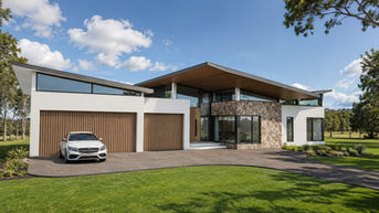 Contemporary luxury custom home concept design in Gables NSW with skillion roofs, stone feature walls and timber detailing