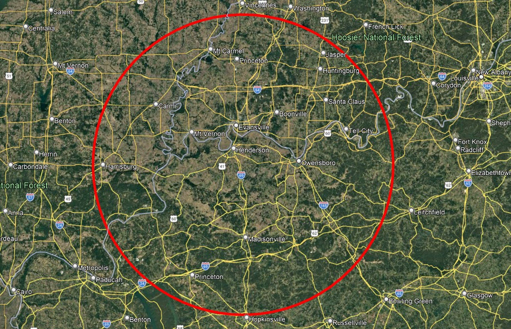 Map of Kentucky and Indiana with a red circle around our service area.