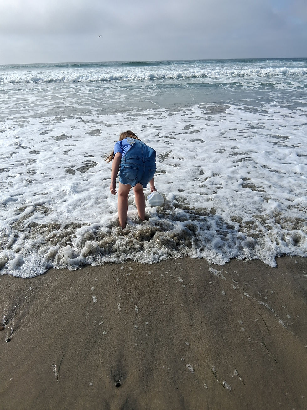 girl collecting sea water in milk jug