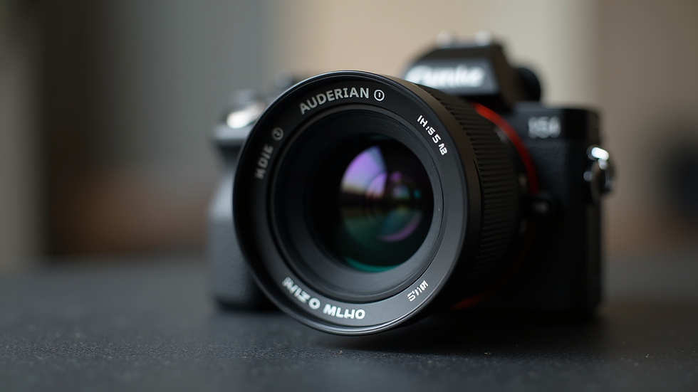 Close-up view of a 35mm lens attached to a mirrorless camera