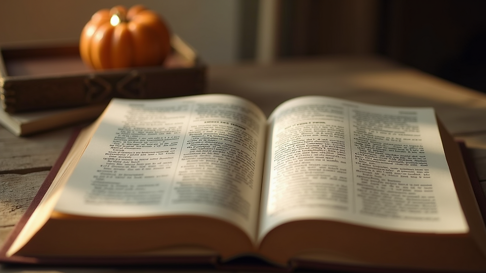 Close-up view of an open Bhagavad Gita with a serene background