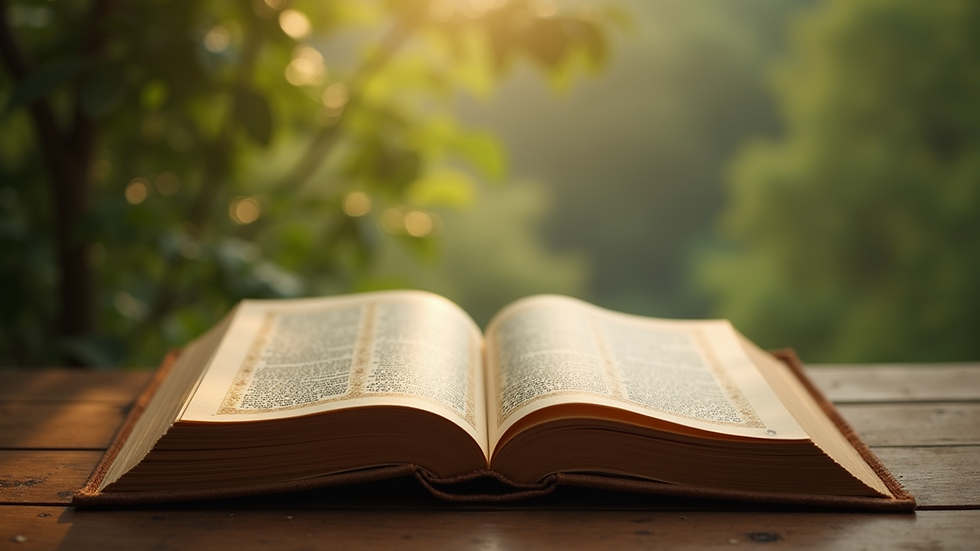 Close-up view of an open Bhagavad Gita with a serene background