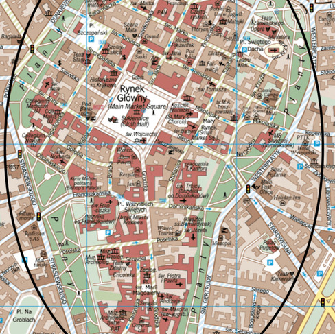 خارطة كراكوف ، السوق القديم الجزء التاريخي في كراكوف وسط البلد