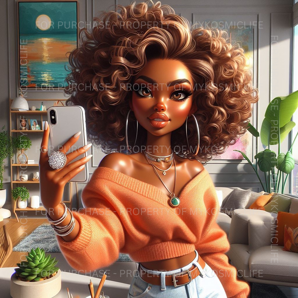 Thumbnail: Content Creator Image Bundle - Melanin Woman in Orange Sweater w/Cell Phone