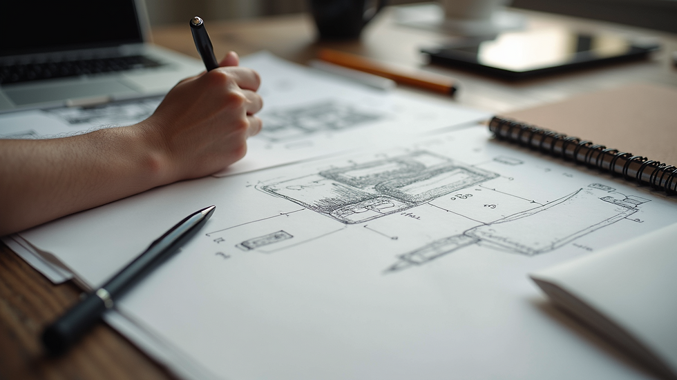 Close-up view of a creative workspace with design sketches and digital tools