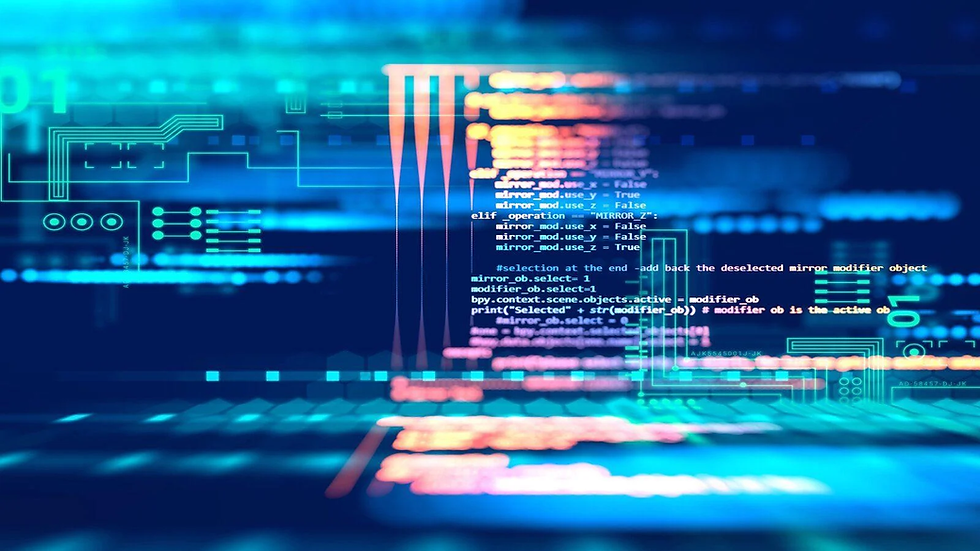 Glowing blue and orange lines and code on a digital interface, creating a futuristic, high-tech atmosphere.