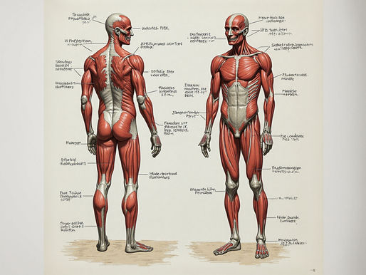 Two anatomical illustrations of a muscular human figure, front and back view, with labeled muscles on a beige background.