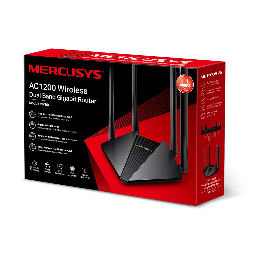 Router Mercusys MR30G Dual Band AC1200 Gigabit 4 antenas