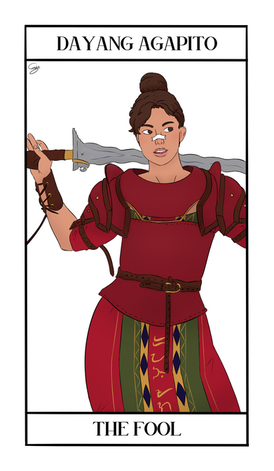 Dayang Agapito; The Fool. A warrior dressed in Philippine tribal clothing and armor, brandishing a sword