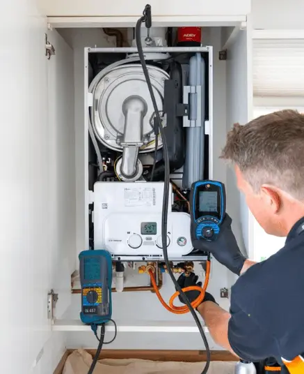 A technician completing an annual service/inspection of a gas boiler with diagnostic tools for maintenance and service.