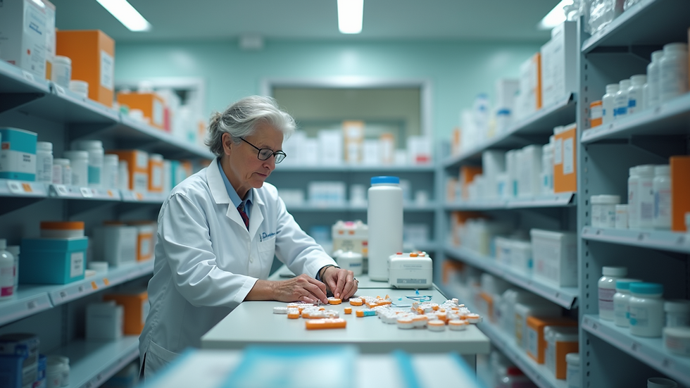 Eye-level view of a pharmacist preparing medication in a well-organized pharmacy