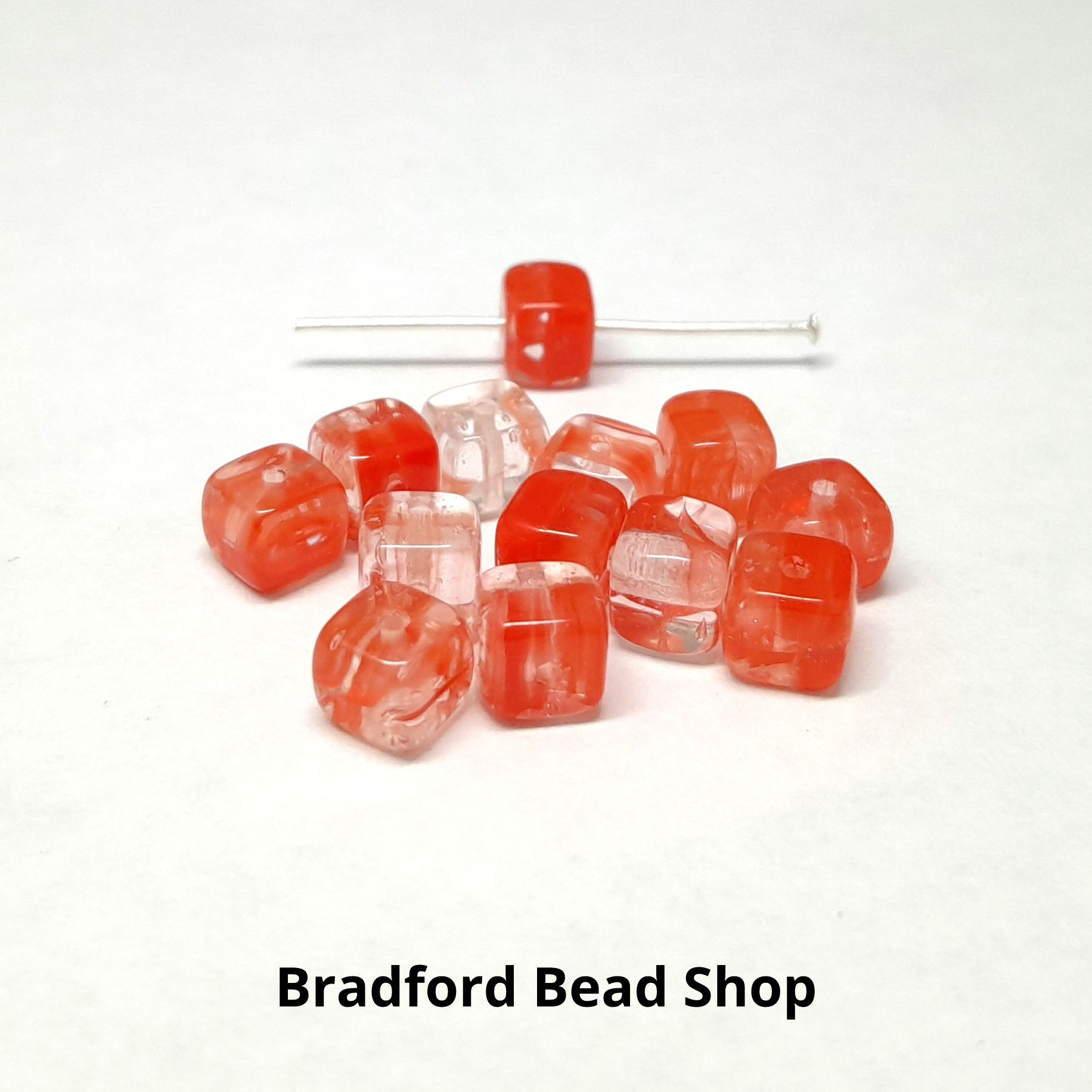 Glass Cubed Beads - Marble Red/Orange/Clear - 6mm