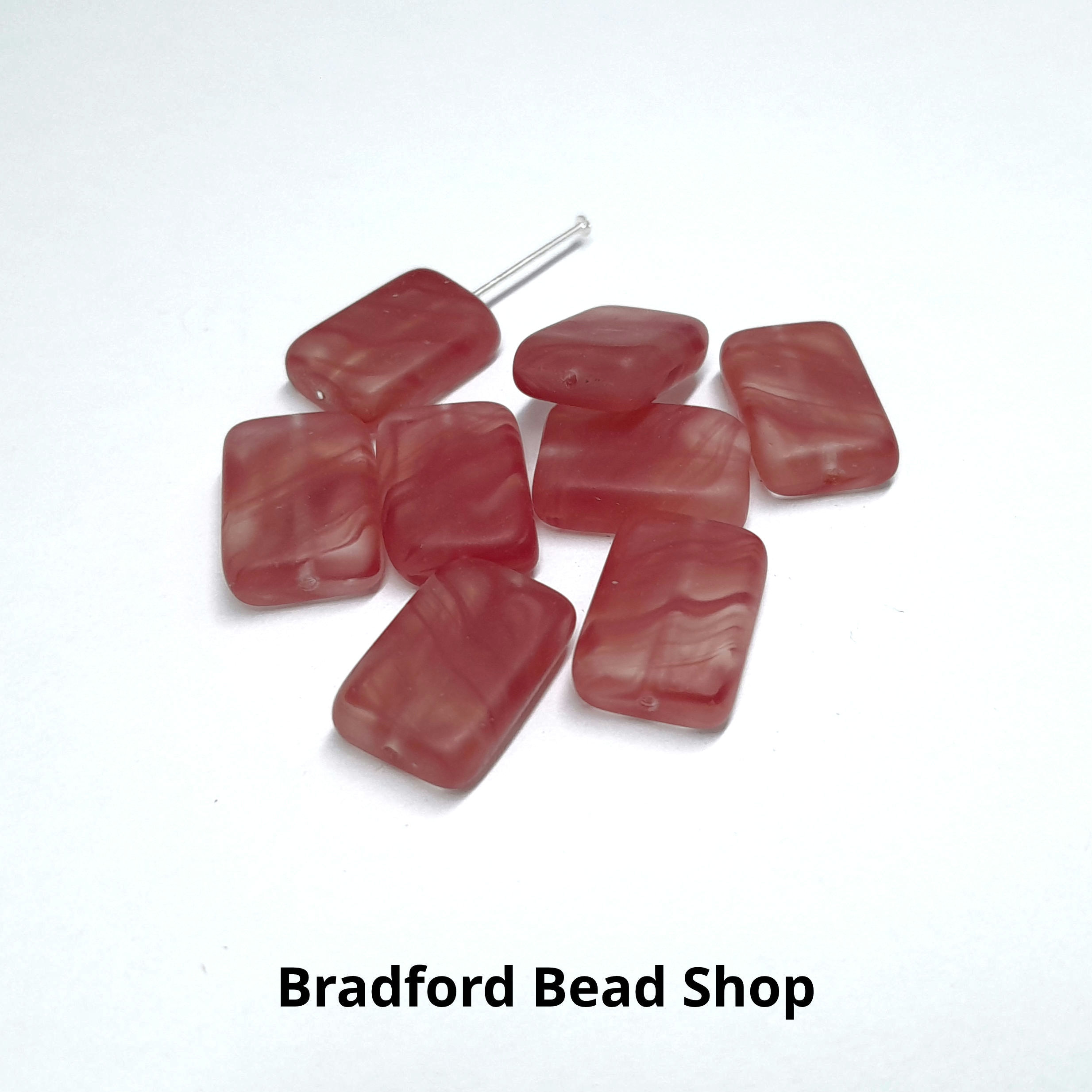 Glass Rectangle Beads - Carmine Red/Clear Marble Matte - 10mm x 15mm