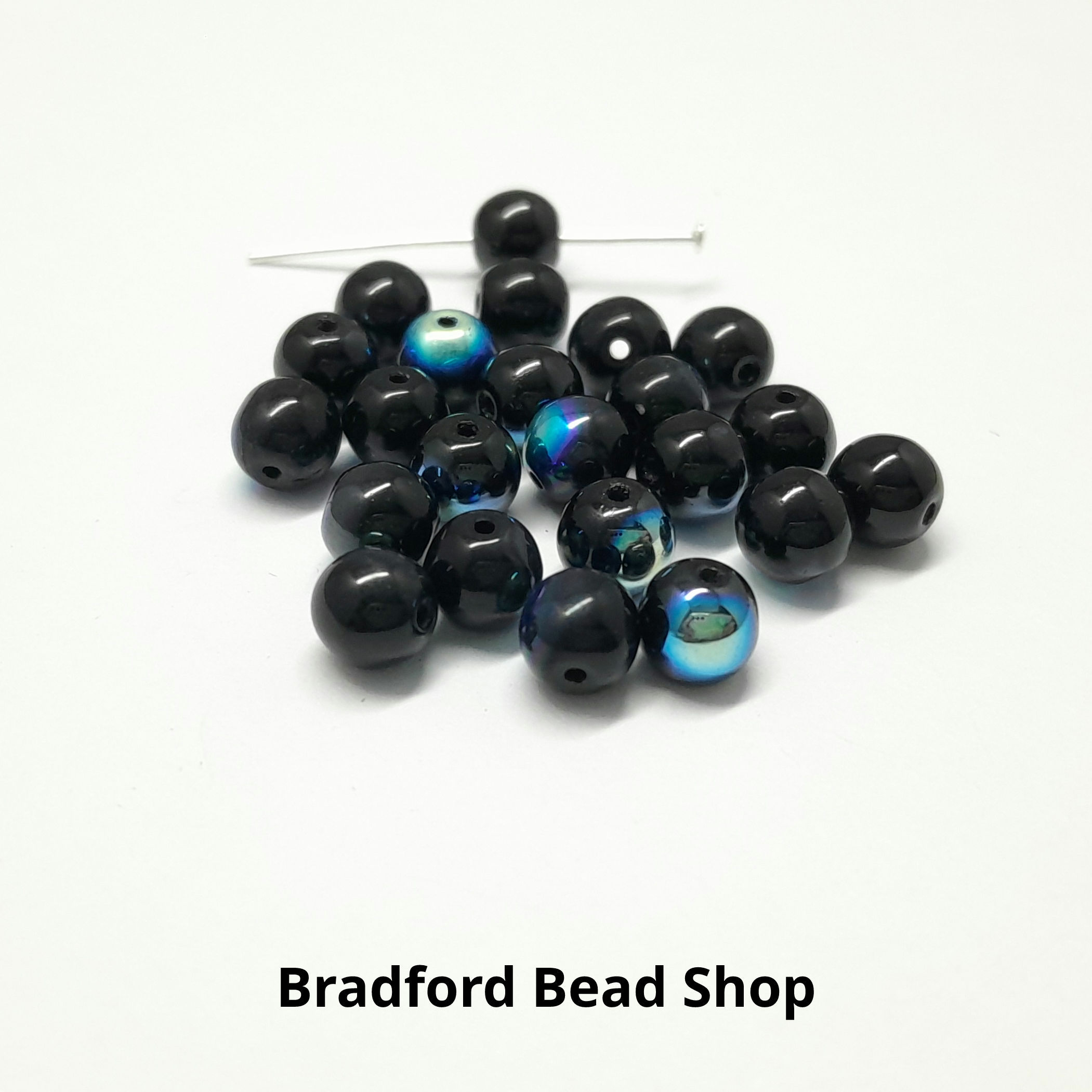 Glass Round Beads - Black AB Opaque - 6mm
