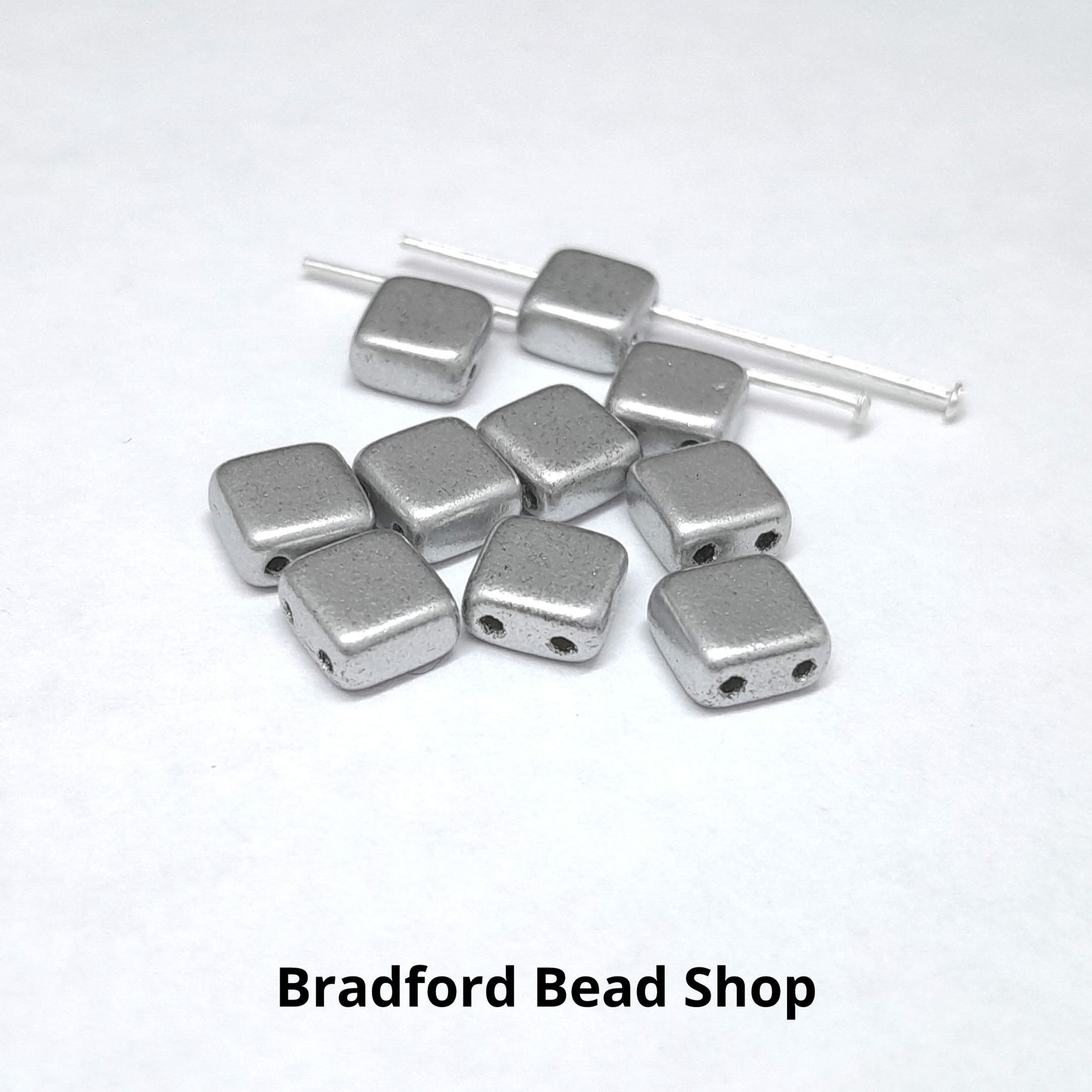 2-hole Glass Tile Bead - Silver Opaque Satin - 6x6mm