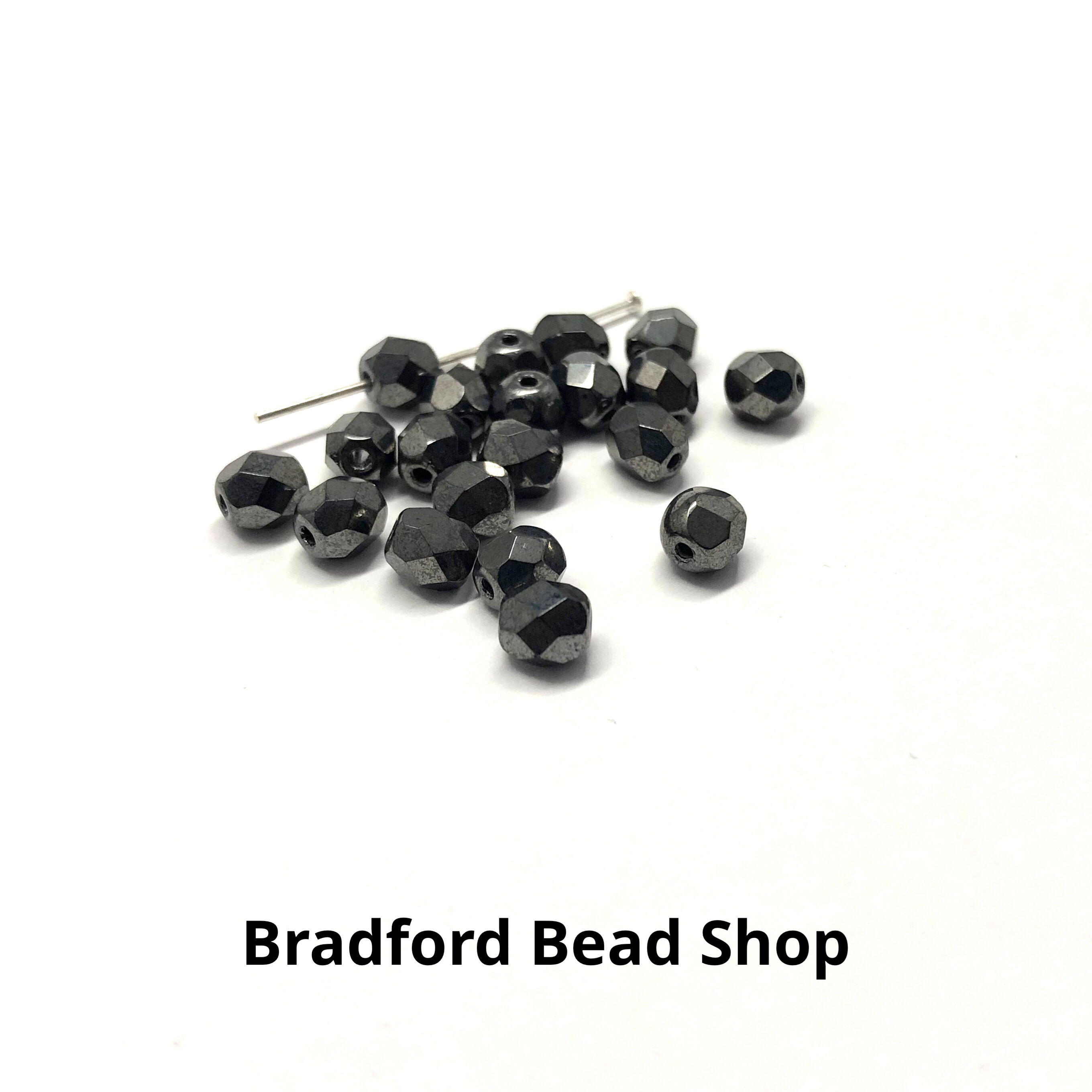 Glass Faceted Round Beads - Dark Metallic Grey Opaque - 5mm