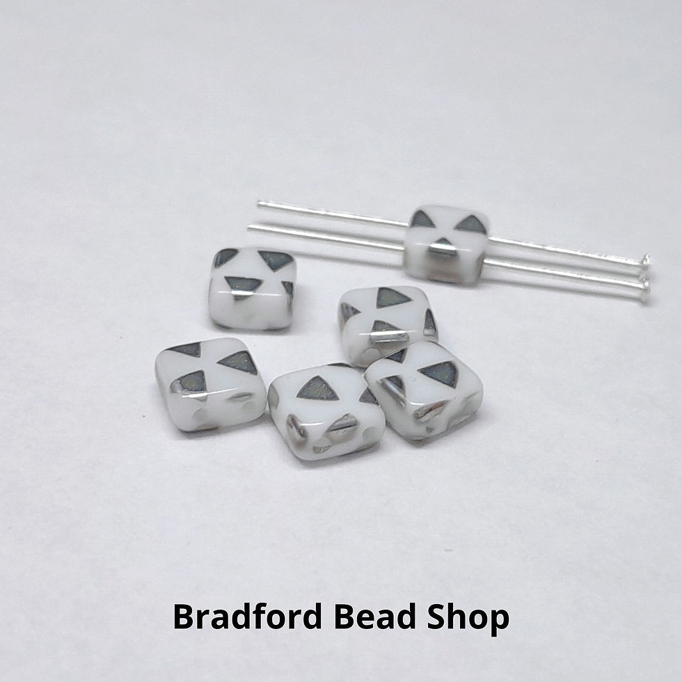 Thumbnail: 2-hole Glass Tile Bead - Chalk White with Triangle Print - 6x6mm