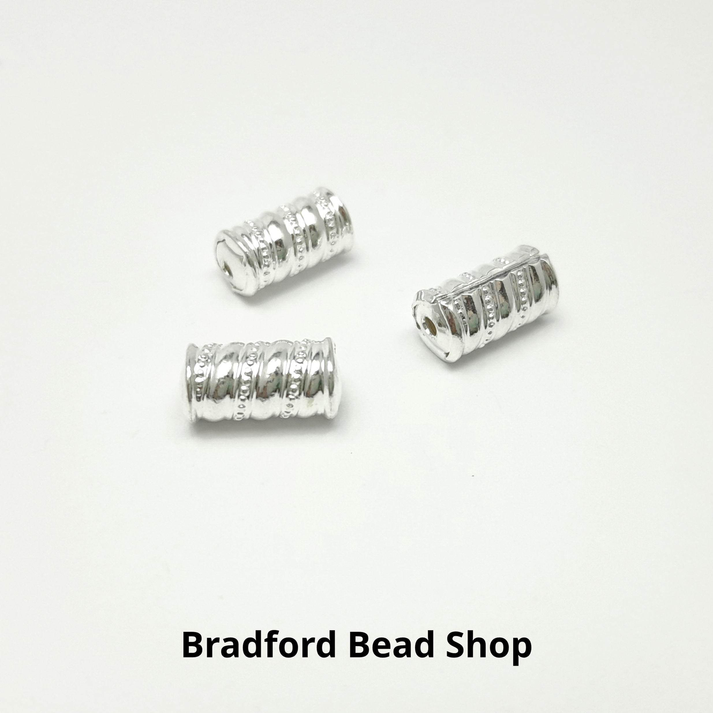 Metal Barrel Beads - Stripes - 12mm x 6mm - Silver Plated