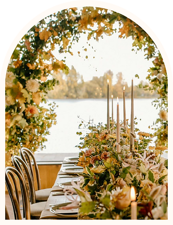 Autumn wedding set up with autumn foliage arch in the background