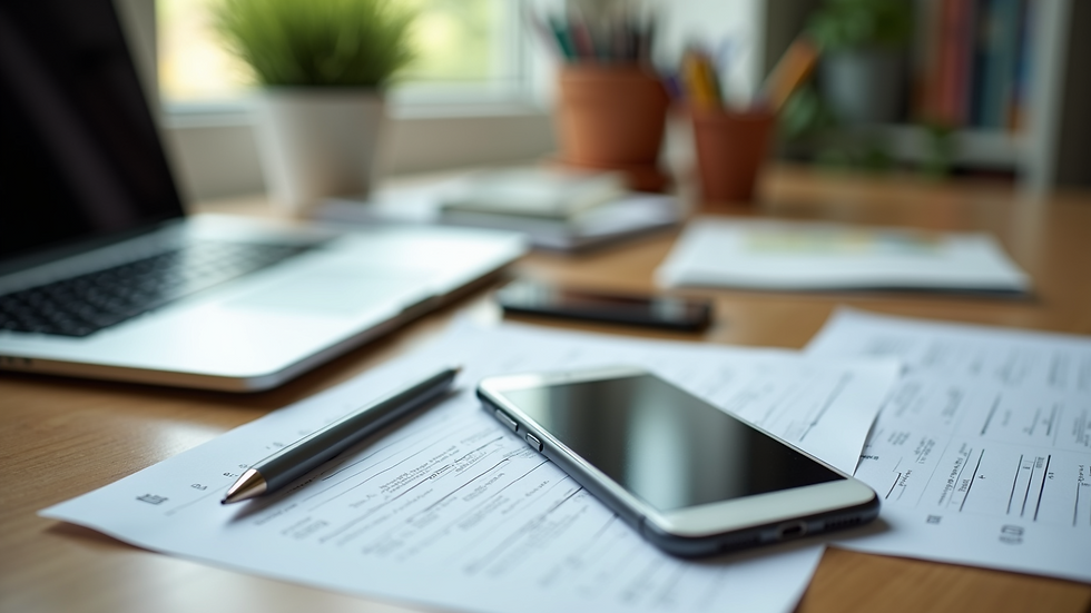 High angle view of a laptop and smartphone on a desk with preschool documents