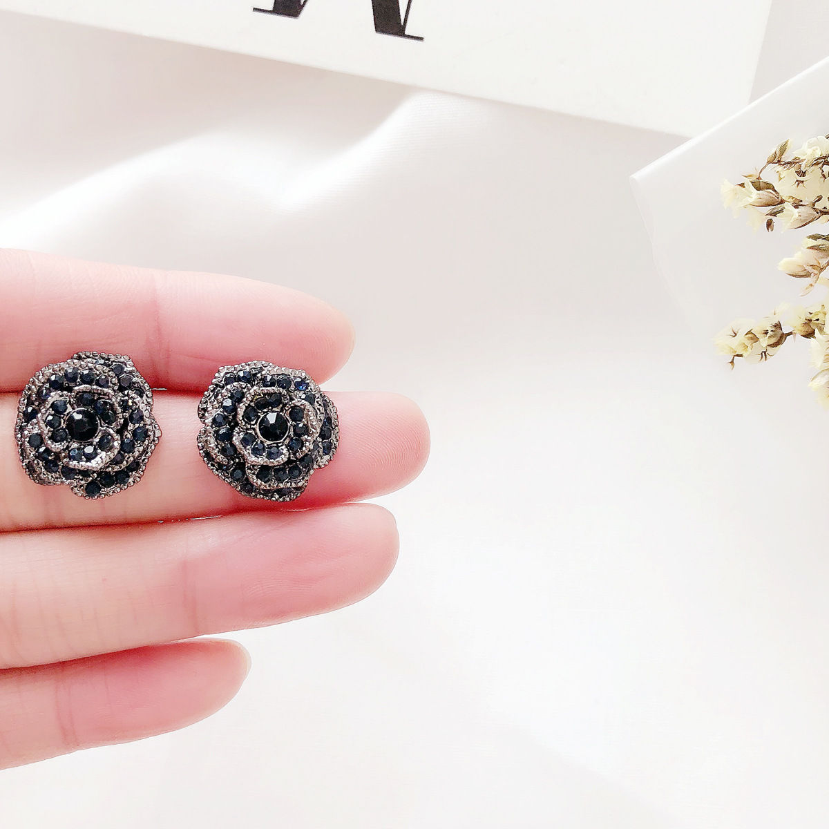S925 Silver Rose Flower Earrings with Sparkling Diamonds