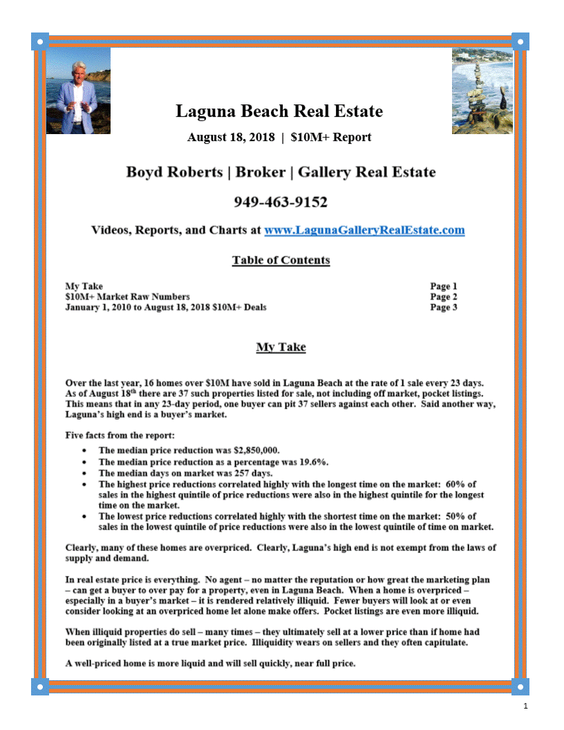 Laguna Beach Real Estate Special Report on Laguna Beach's $10,000,000+ Market August 2018