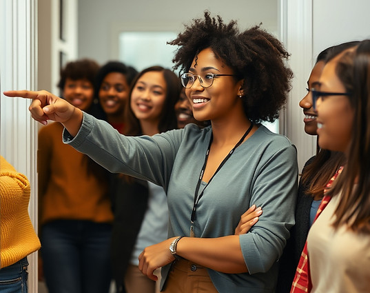 young, light-brown skinned, african american woman standing at doorway, watching students 