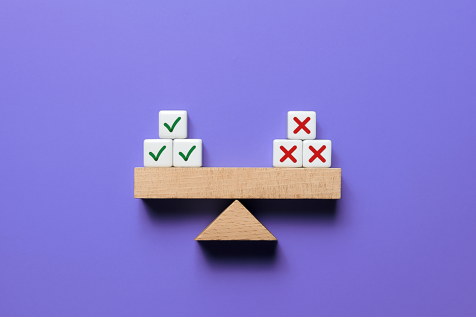 A seesaw balancing checkmark dice on one side and x dice on the other, symbolizing pros and cons