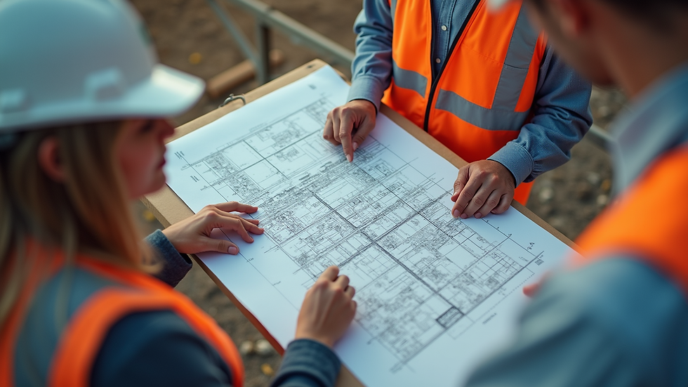 High angle view of engineers discussing a construction site plan