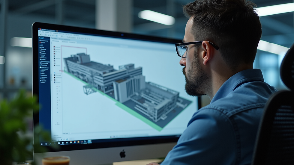 Eye-level view of engineer analyzing structural model on computer screen