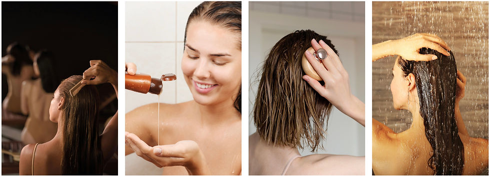 Ensemble d’images Canva de femmes prenant soin de leurs cheveux avec une brosse, un shampoing et de l ‘eau.