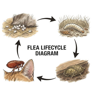 The lifecycle of the Flea Diagram. A circular diagram illustrating the four stages of the flea lifecycle 1. Egg, 2. Larva, 3. Pupa, and 4. Adult, with arrows indicating a clockwise flow