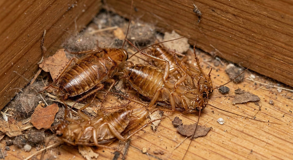 a close-up, low-angle shot shows several cockroach exoskeletons scattered in a corner. The exoskeletons are brown and appear to be lying on their backs, with legs curled upwards. The background is dimly lit and out of focus, suggesting a dark, possibly dusty environment.