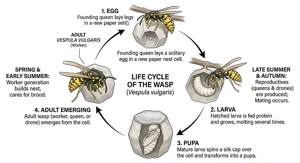 A circular diagram showing the four-stage lifecycle of the common wasp (Vespula vulgaris) on a white background 1. Egg laid by a queen in a paper nest cell; 2. Larva being fed protein by an adult